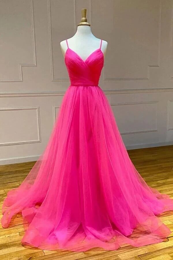 A-line Modest Tulle V-Neck Spaghetti Straps Long Prom Dress with