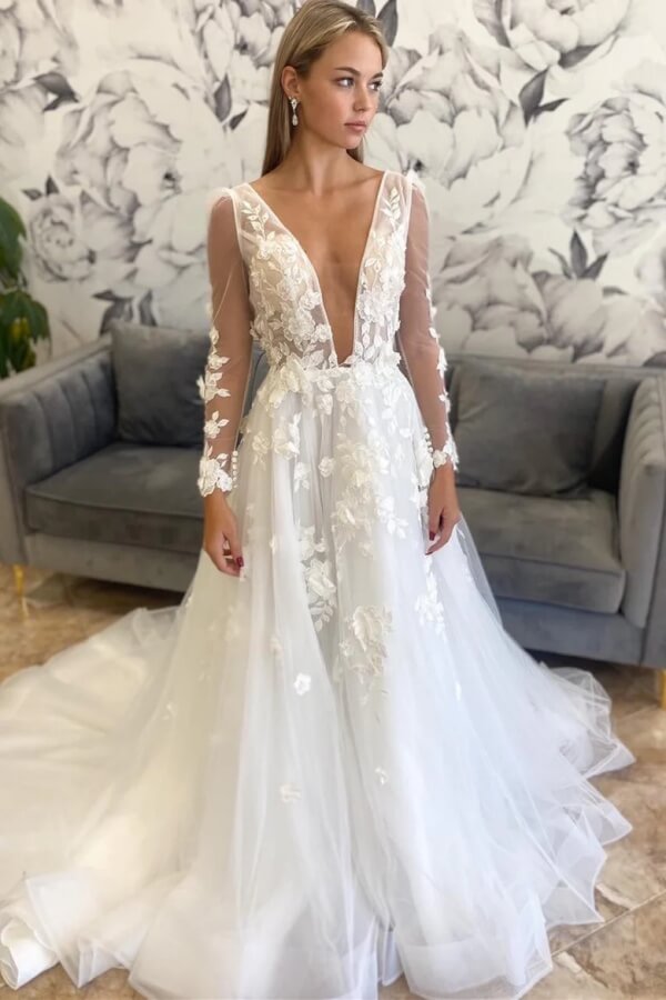 A Line Lace Long Sleeves Backless Wedding Dress, MW1148