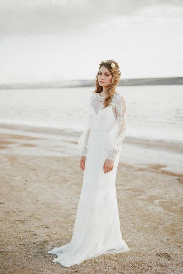 Tulle A Line Long Sleeves Beach Wedding Dresses, MW1099