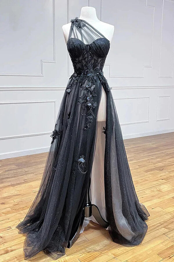 Black A-line Tulle One Shoulder 3D Lace Appliques Long Prom Dresses, MP889 | black prom dress | lace prom dress | prom dress for girls | musebridals.com