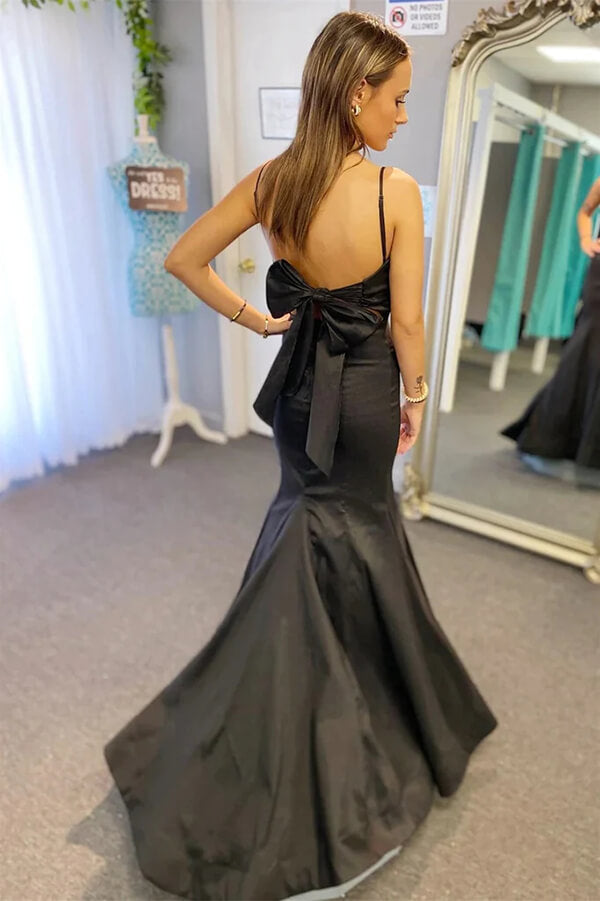 Black Satin Mermaid Pleated Spaghetti Straps Prom Dresses With Bow, MP836 | cheap prom dresses | long formal dresses | party dress | musebridals.com