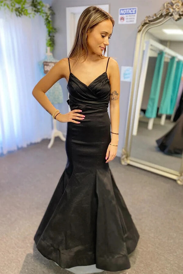Black Satin Mermaid Pleated Spaghetti Straps Prom Dresses With Bow, MP836 | black prom dresses | mermaid prom dress | simple prom dress | musebridals.com
