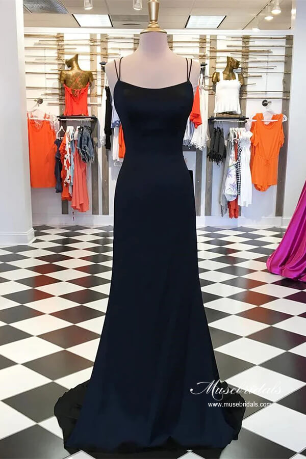 Black Satin Sheath Spaghetti Straps Simple Prom Dresses, Party Dress, MP896 | black prom dress | cheap long prom dress | evening dress | musebridals.com