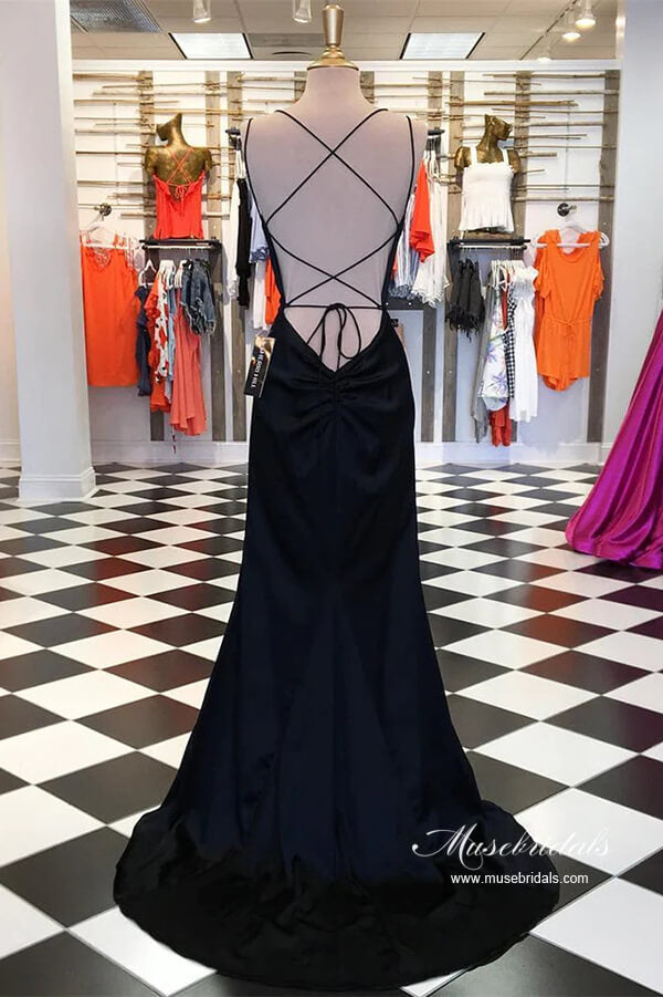 Black Satin Sheath Spaghetti Straps Simple Prom Dresses, Party Dress, MP896 | mermaid prom dress | prom dress for teens | long formal dress | musebridals.com