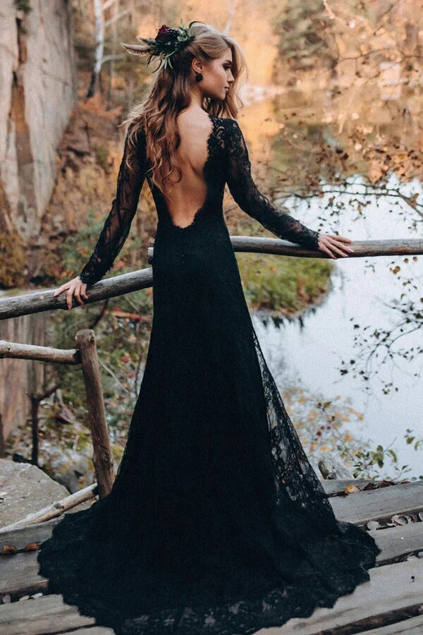 Black Sweetheart Long Sleeves Lace Wedding Dress, MW997