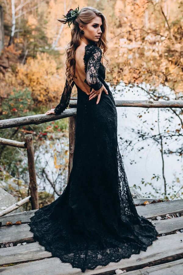 Black Sweetheart Long Sleeves Lace Wedding Dress, MW997 | Musebridals Black Sweetheart Long Sleeves Lace Wedding Dress, MW997 | Musebridals