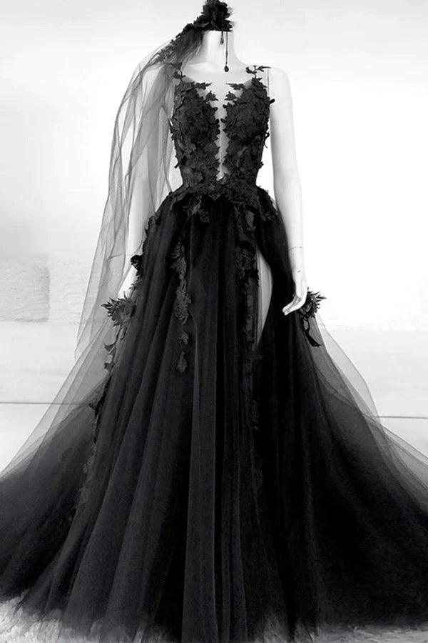 Black Tulle A-line V-neck Slit Long Prom Dresses With Lace Appliques, MP831 | black prom dresses | lace prom dress | evening dresses | musebridals.com