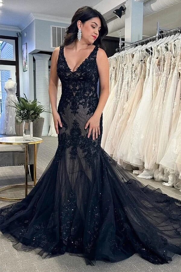 Black Tulle Sheath Lace Appliques Wedding Dresses, MW978