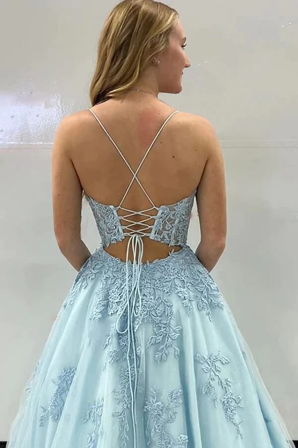 Blue A-line Spaghetti Straps Floor Length Prom Dresses With Appliques, MP833 | a line prom dress | evening dresses | long formal dress | musebridals.com