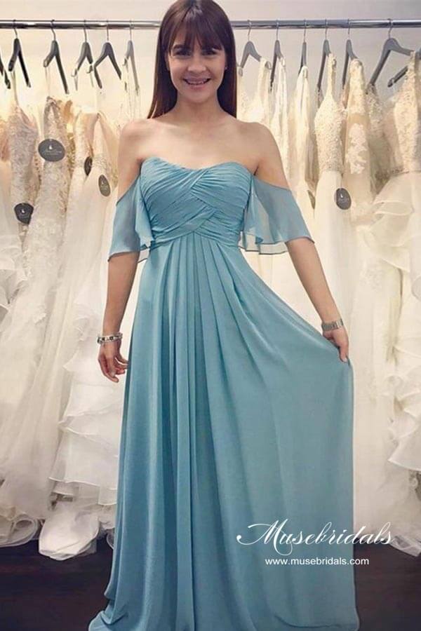 Blue Chiffon Ruched A-line Off-the-Shoulder Long Bridesmaid Dresses, MBD242 | simple bridesmaid dress | wedding party dress | budget bridesmaid dress | musebridals.com