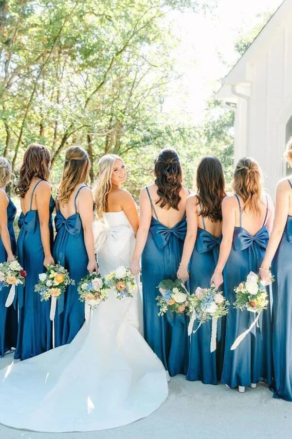 Blue Satin Spaghetti Strap Slit Bridesmaid Dress, MBD284 | Musebridals Blue Satin Spaghetti Strap Slit Bridesmaid Dress, MBD284 | Musebridals