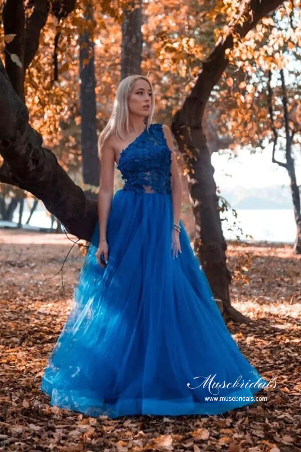 Blue Tulle A-line One Shoulder Lace Appliques Long Prom Dresses, MP890 | cheap lace prom dress | evening gown | blue prom dress | musebridals.com