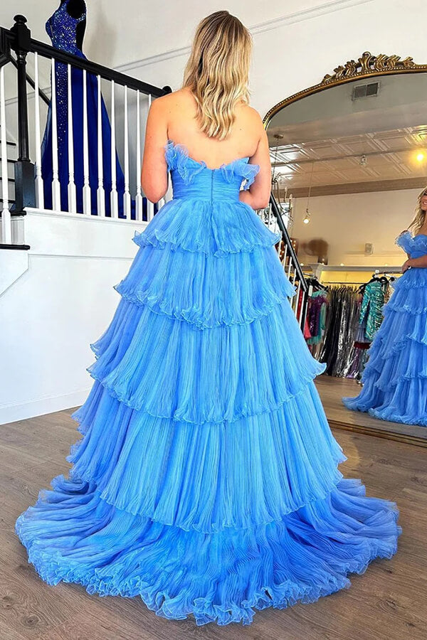 Blue Tulle A-line Strapless Long Prom Dresses With Ruffles, Party Dress, MP893 | evening dress | long prom dresses online | prom dress stores | musebridals.com