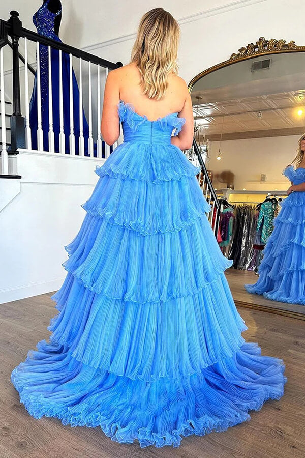 Blue Tulle A-line Long Prom Dresses With Ruffles, MP893 Blue Tulle A-line Long Prom Dresses With Ruffles, MP893
