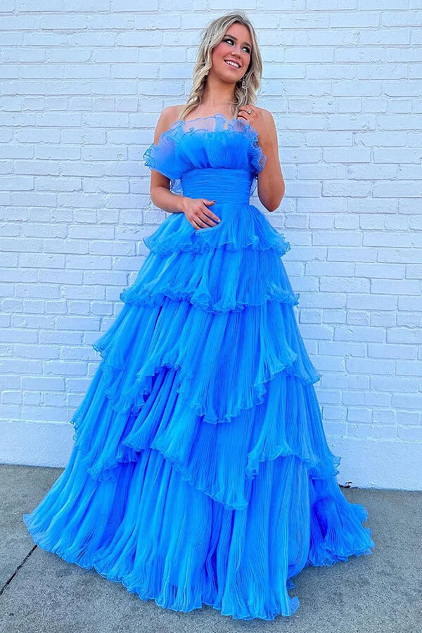 Blue Tulle A-line Long Prom Dresses With Ruffles, MP893
