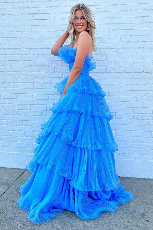 Blue Tulle A-line Strapless Long Prom Dresses With Ruffles, Party Dress, MP893 | new arrival prom dress | prom dresses for girls | a line prom dress | musebridals.com