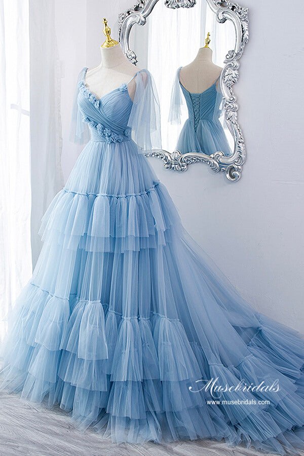 Blue Tulle A-line V-neck Spaghetti Straps Ruffles Princess Prom Dresses, MP873 | cheap prom dress | long prom dress | long formal dress | musebridals.com