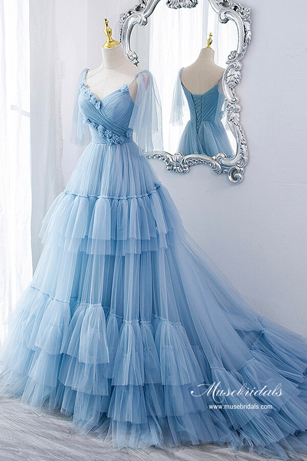 Blue Tulle A-line Ruffles Princess Prom Dresses, MP873