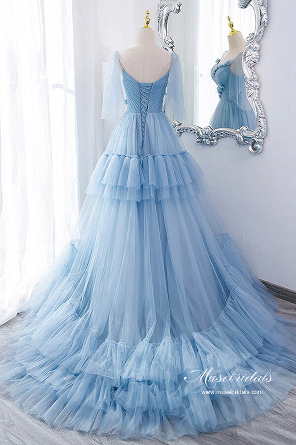 Blue Tulle A-line V-neck Spaghetti Straps Ruffles Princess Prom Dresses, MP873 | blue prom dress | cheap long prom dress | party dresses | musebridals.com