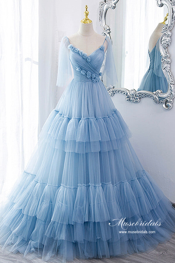 Blue Tulle A-line V-neck Spaghetti Straps Ruffles Princess Prom Dresses, MP873 | prom dresses online | evening dresses | evening gown | musebridals.com