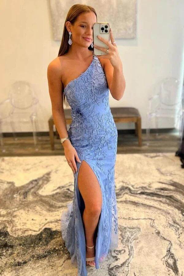Blue Tulle Lace Appliques Mermaid One Shoulder Prom Dresses With Slit, MP832 | lace prom dress | simple prom dresses | prom dresses online | musebridals.com