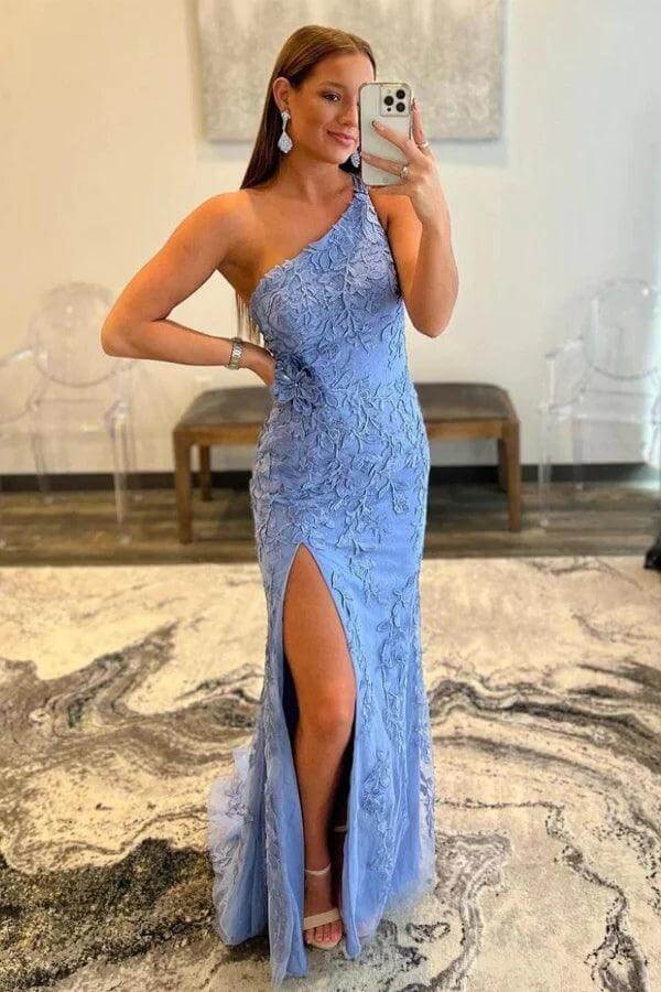 Blue Tulle Lace Appliques Mermaid One Shoulder Prom Dresses With Slit, MP832 | cheap prom dresses | evening dresses | mermaid prom dress | musebridals.com
