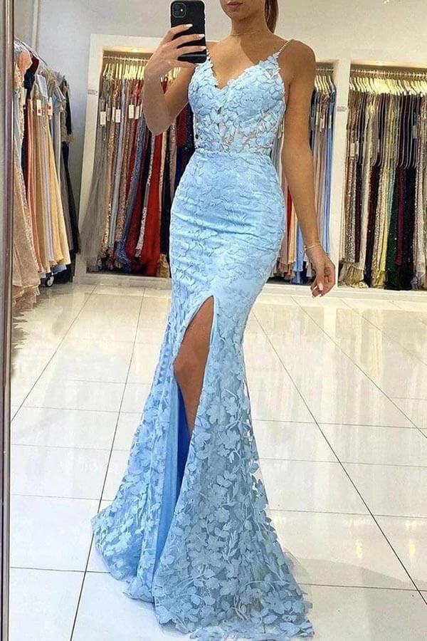Blue Tulle Mermaid V-neck Backless Long Prom Dress With Lace Appliques, MP843 | long prom dresses | cheap prom dress | evening dresses | musebridals.com