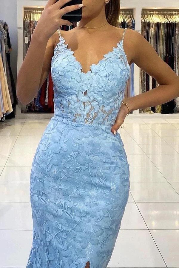 Blue Tulle Mermaid V-neck Backless Long Prom Dress With Lace Appliques, MP843 | long formal dresses | new arrival prom dresses | prom dresses online | musebridals.com