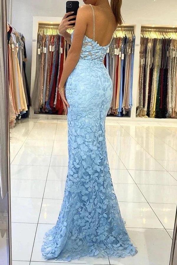 Blue Tulle Mermaid V-neck Backless Long Prom Dress With Lace Appliques, MP843 | mermaid prom dresses | party dresses | evening gown | musebridals.com