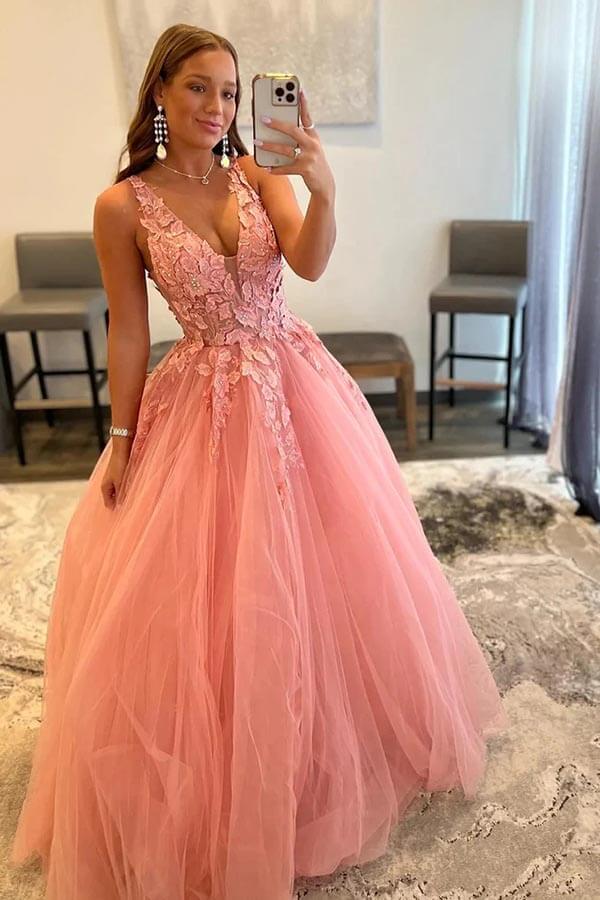 Blush A-line V-neck Princess Prom Dresses With Appliques, Evening Dress, MP861 | pink prom dress | long formal dresses | party dress | musebridals.com