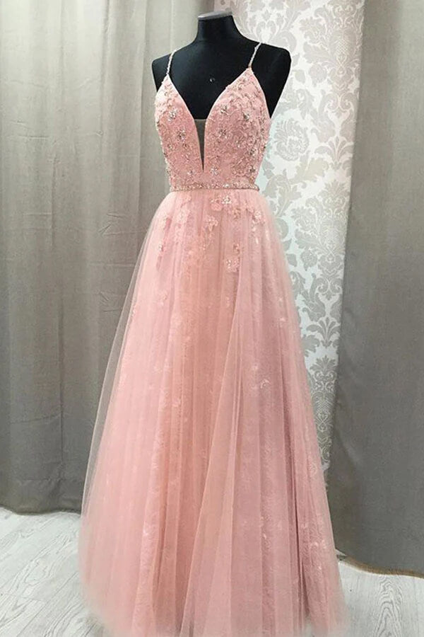 Blush Tulle A-line Spaghetti Straps Prom Dresses With Lace Appliques, MP882 | pink prom dress | long prom dresses | prom dress stores | musebridals.com