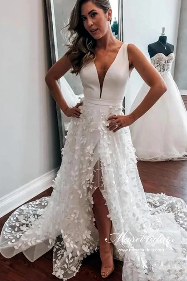 Boho Satin A-line V-neck 3D Flowers Wedding Dress, MW961