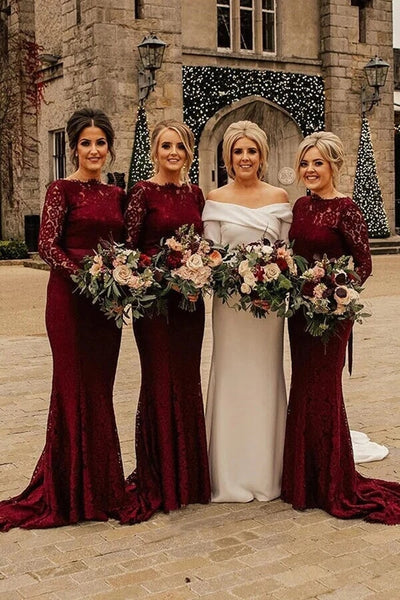 Burgundy Lace Mermaid Sweep Train Long Sleeves Bridesmaid Dresses, MBD213 Burgundy Lace Mermaid Sweep Train Long Sleeves Bridesmaid Dresses, MBD213