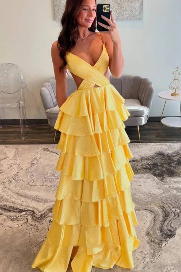 Burgundy Satin Layered V-Neck Spaghetti Straps Prom Dresses With Slit, MP1039 | yellow prom dress | simple prom dress | evening dress | musebridals.com
