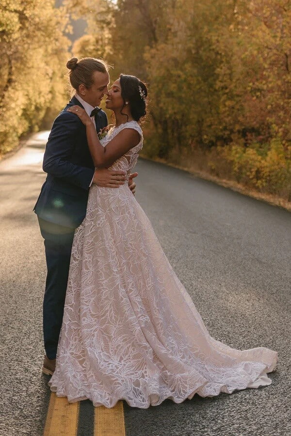 Lace A Line V Neck Bohemian Wedding Dress, MW1138