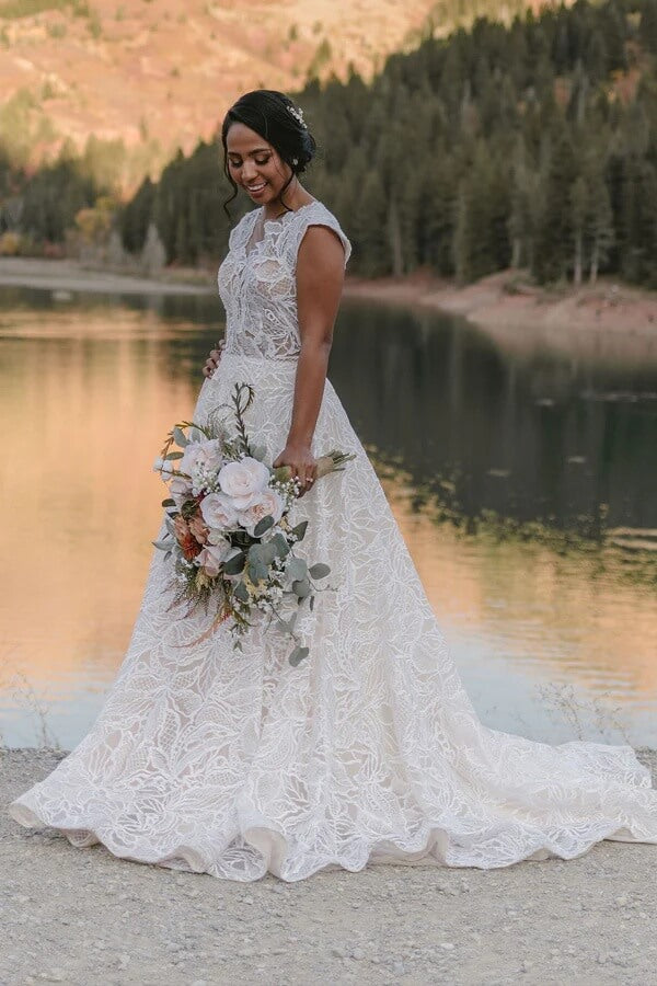 Lace A Line V Neck Bohemian Wedding Dress, MW1138