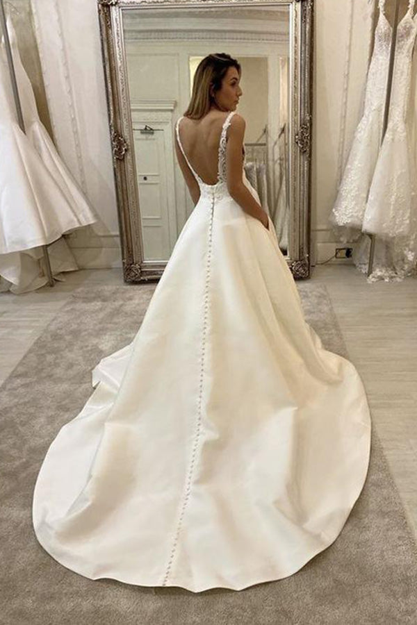 Cheap V-neck Lace Wedding Dresses Online, Cheap Unique Bridal Dresses,MW495 | lace wedding dresses | satin wedding dresses | bridal gowns | musebridals.com