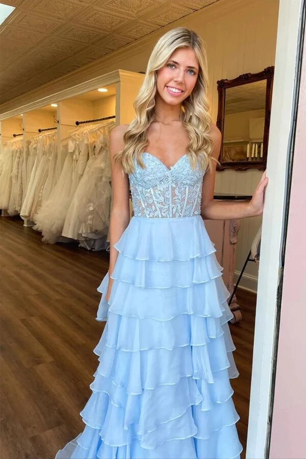 Chiffon Sweetheart Lace Appliques Prom Dresses, MP920 | Musebridals Chiffon Sweetheart Lace Appliques Prom Dresses, MP920 | Musebridals