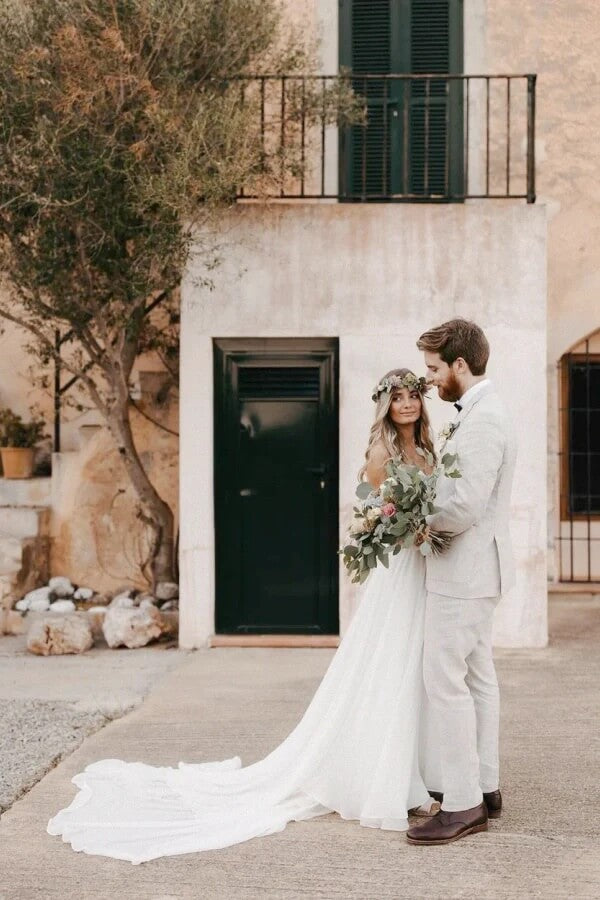 Chiffon V-neck Lace Appliqued Wedding Dresses, MW1043
