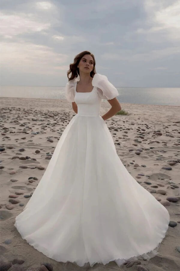 Chiffon A Line Short Sleeves Beach Wedding Dress, MW1140