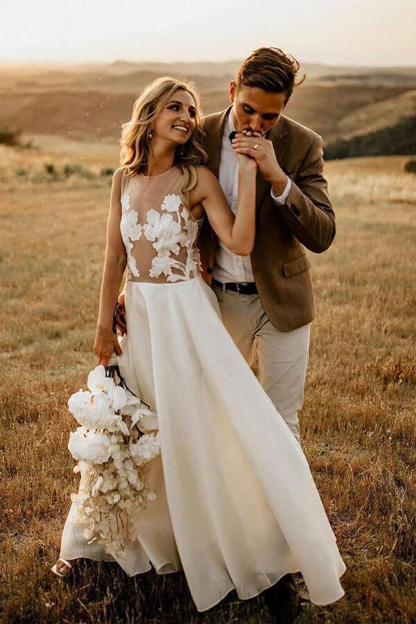 Chiffon Floral Lace A-line Beach Wedding Dresses, MW1001