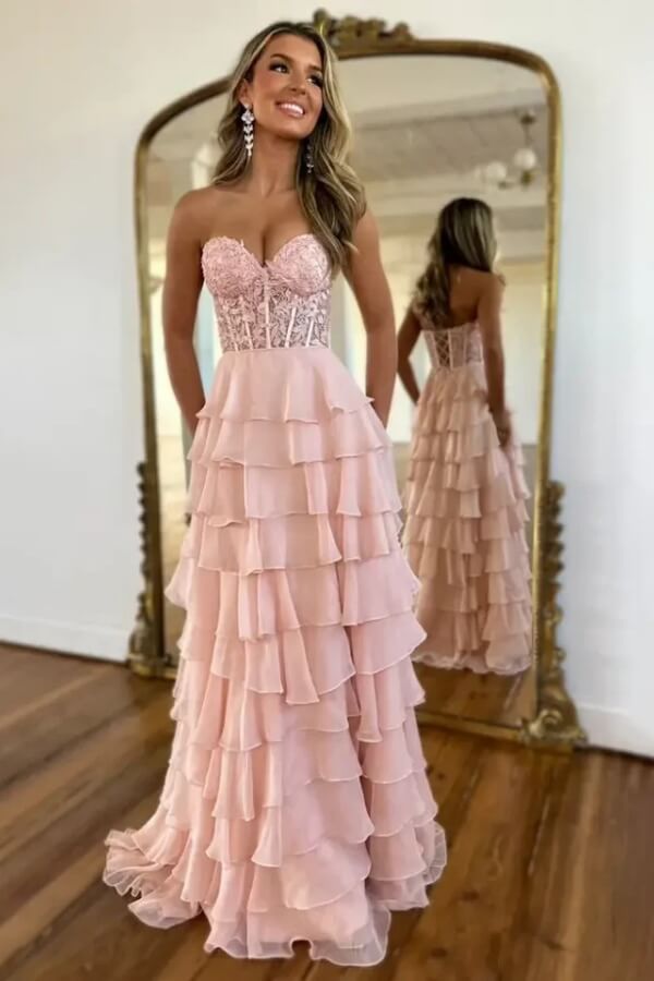 Chiffon Lace Appliques Tiered A Line Prom Dress, MP1026 | Musebridals Chiffon Lace Appliques Tiered A Line Prom Dress, MP1026 | Musebridals