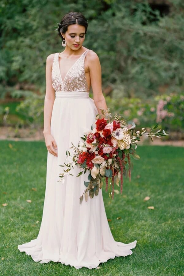 Chiffon Sequins A-line V-neck Long Bridesmaid Dresses With Bowknot, MBD227 | chiffon bridesmaid dress | sequins bridesmaid dresses | wedding party dress | musebridals.com