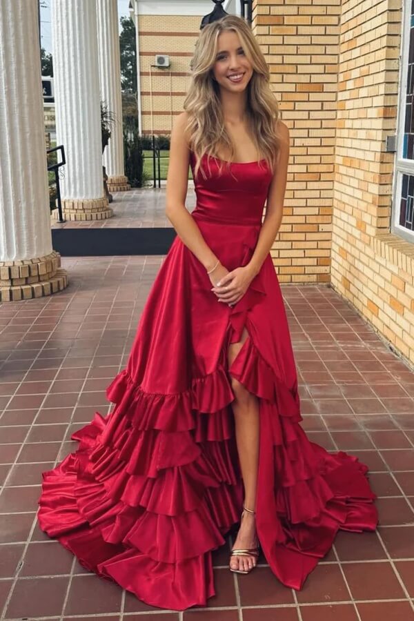 Cute Dark Red A Line Scoop Neck Spaghetti Straps Prom Dresses With Slit, MP1113
