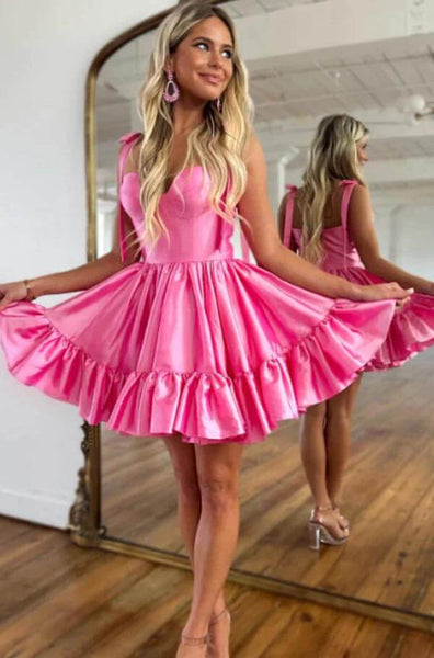 girly pink dress Pink Satin A-line Bow Tie Straps Homecoming Dress, MH616