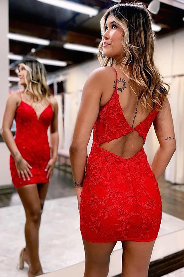 Cute Red Mermaid V-neck Spaghetti Straps Lace Homecoming Dresses, MH596 | cheap homecoming dresses | red homecoming dresses | sweet 16 dress | musebridals.com
