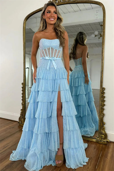Cute Sparkly Light Blue Chiffon Tiered A Line Strapless Long Prom Dresses, MP1101