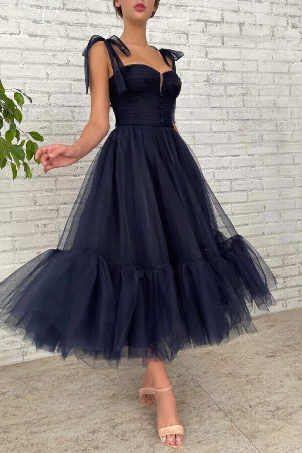 Dark Blue Tulle Tea Length Homecoming Dresses, MH677