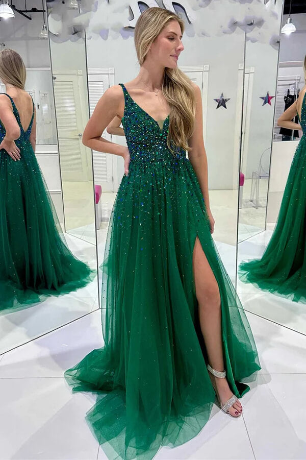 Dark Green Tulle A-line Backless Rhinestone Side Slit Long Prom Dresses, MP880 | party dresses | tulle a line prom dress | slit prom dress | musebridals.com