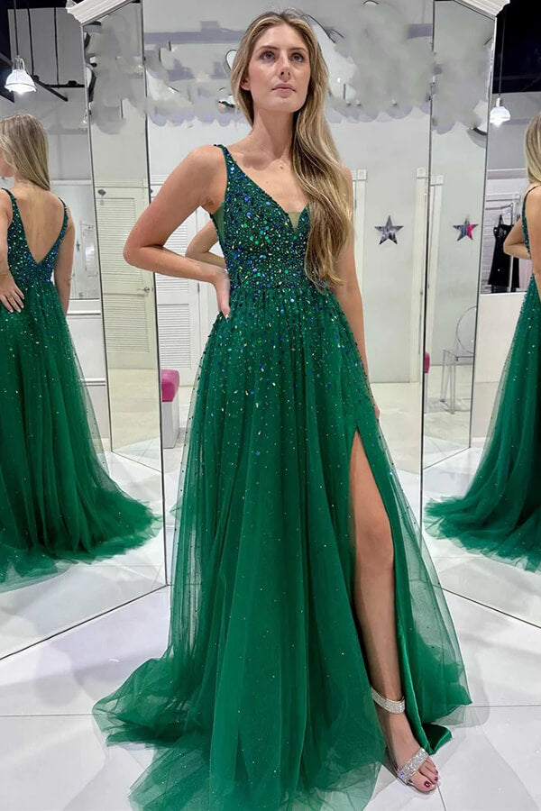 Dark Green Tulle A-line Backless Rhinestone Side Slit Long Prom Dresses, MP880 | sparkly prom dress | green prom dresses | long formal dress | musebridals.com